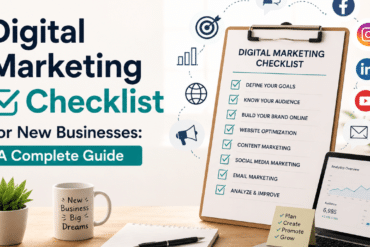 Digital marketing checklist for new businesses with marketing strategy, social media, website optimization and analytics