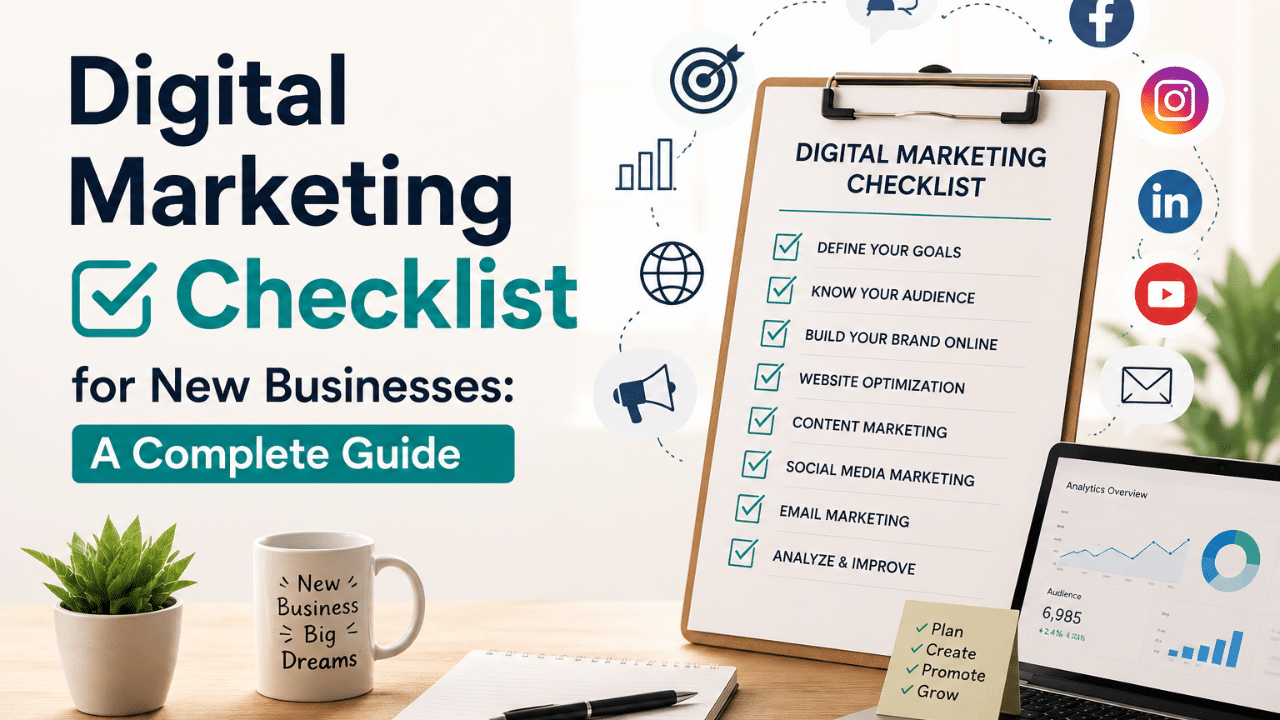 Digital marketing checklist for new businesses with marketing strategy, social media, website optimization and analytics