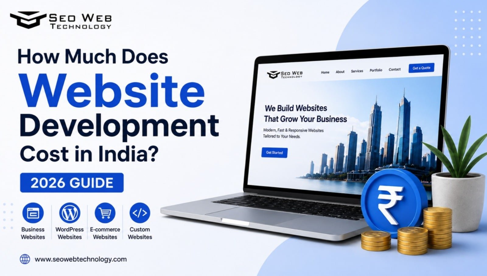 Website development cost in India 2026 guide showing pricing for business websites, WordPress websites, e-commerce websites, and custom website development.