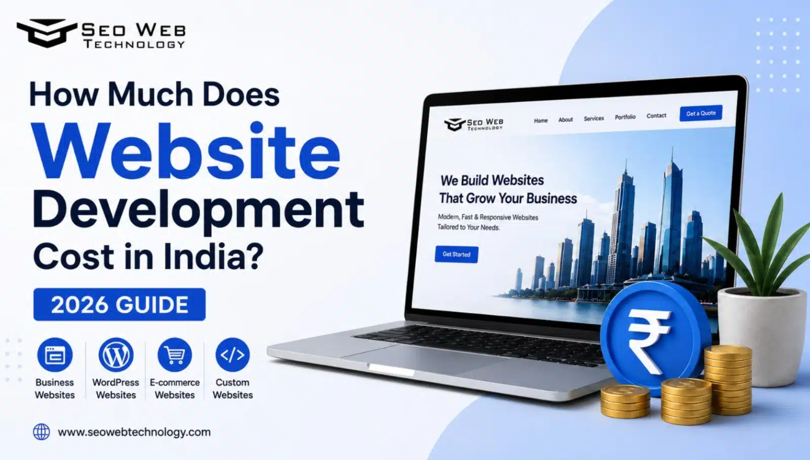 Website development cost in India 2026 guide showing pricing for business websites, WordPress websites, e-commerce websites, and custom website development.