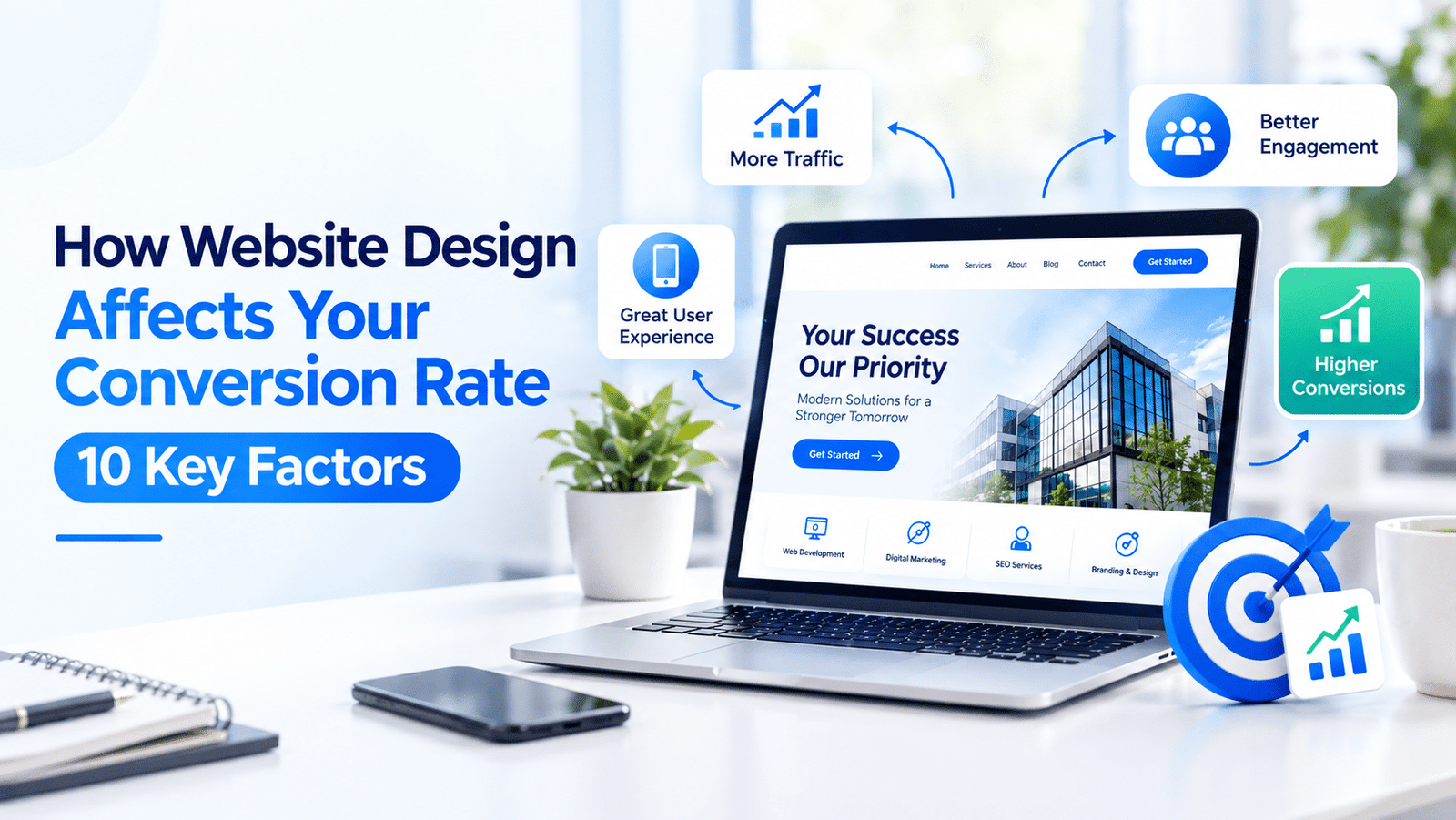 How website design affects conversion rate with key factors including user experience, website traffic, engagement, and higher conversions.