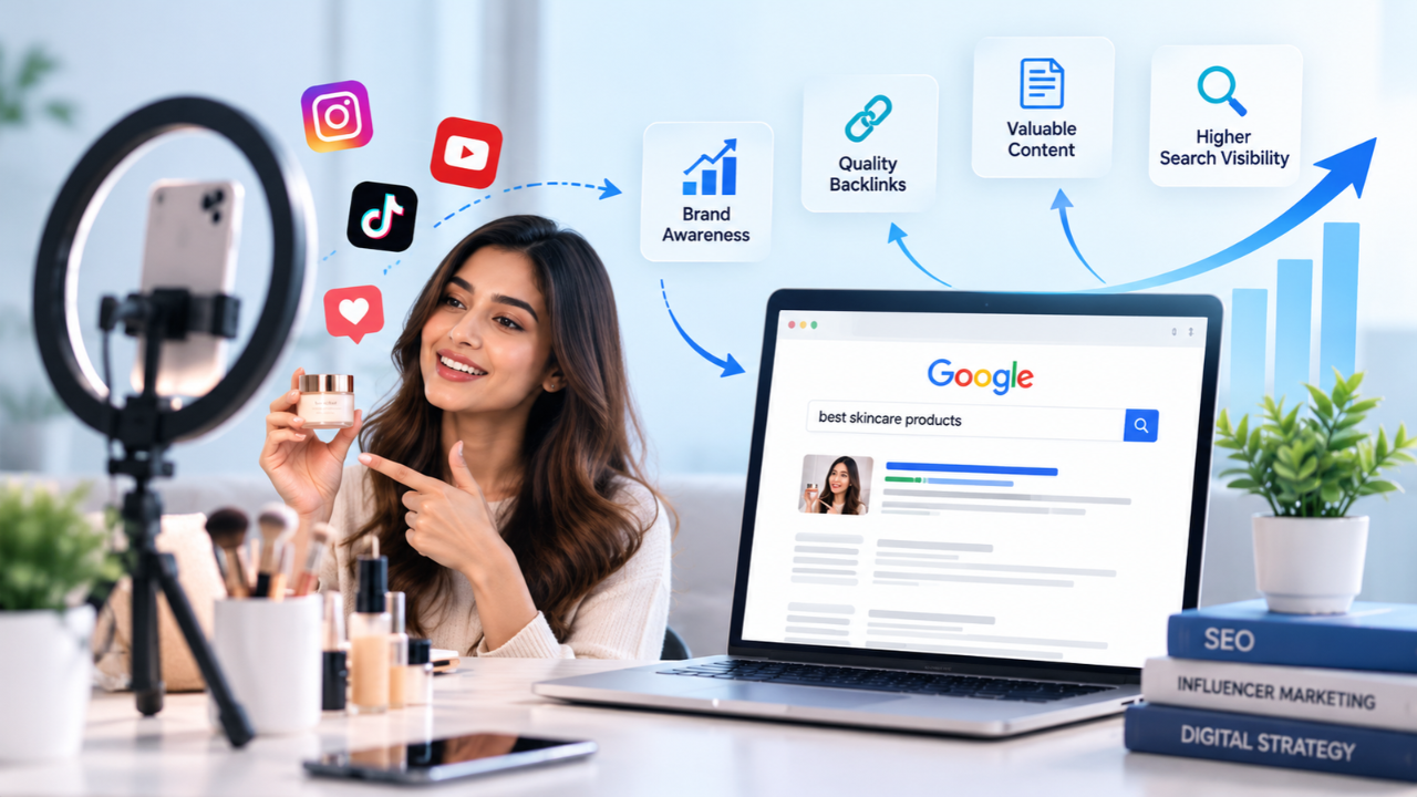 Influencer marketing and SEO showing a content creator promoting a skincare product and driving website visibility through Google search.