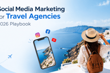 Social media marketing for travel agencies in 2026 featuring a scenic coastal destination, a traveller, smartphone, and social media icons.