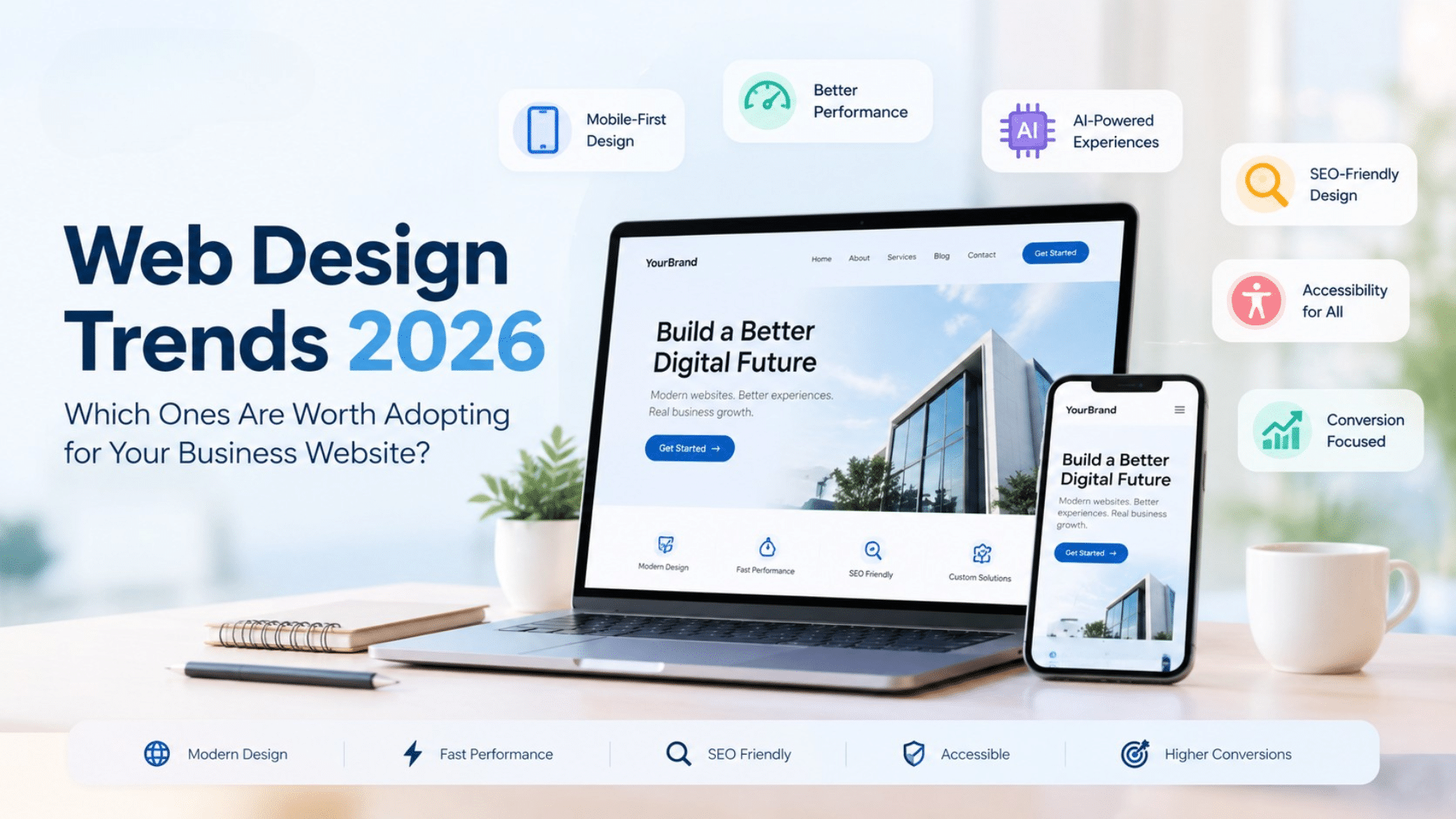 Web design trends 2026 featuring modern, responsive, fast, SEO-friendly and conversion-focused website design.