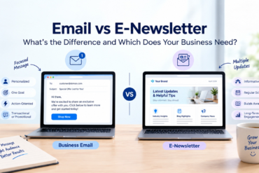 Email vs E-Newsletter comparison featured image for SEO WEB Technology, showing a business email and an e-newsletter on laptops with their key differences.