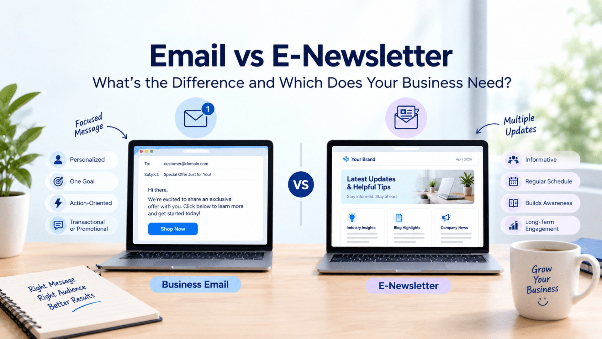 Email vs E-Newsletter comparison featured image for SEO WEB Technology, showing a business email and an e-newsletter on laptops with their key differences.