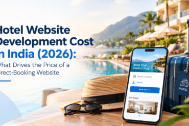 Hotel website development cost in India 2026 featuring a luxury resort, suitcase, and mobile hotel booking interface. Hotel website development cost in India 2026 featuring a luxury resort, suitcase, and mobile hotel booking interface